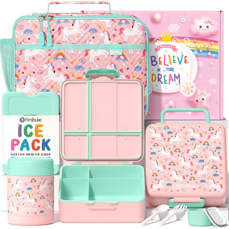 Fimibuke Bento Lunch Box Set – 4 Compartments, Thermos, Ice Pack & Lunch Bag