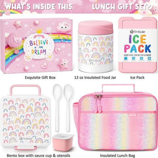 Fimibuke Bento Lunch Box with 4 Compartments, Insulated lunch Bag, Stainless Steel Insulated Thermos, Ice Pack & Utensils, Birthday Gifts Back to School Girls Boys dealsforyoudays