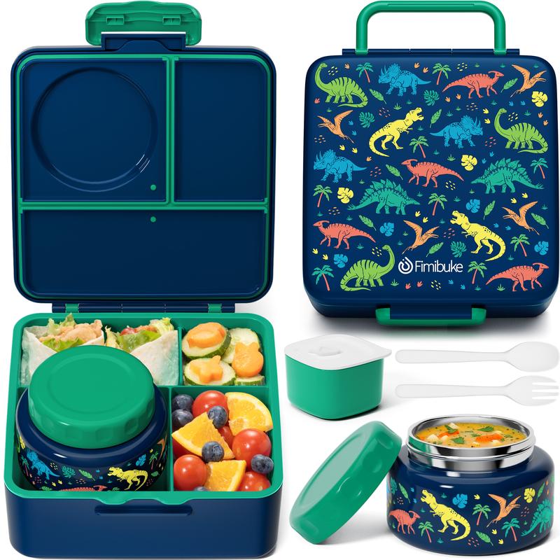 Fimibuke Bento Lunch Box with internal Thermos Food Jar, Leakproof 60oz 3-4 Compartments Lunch Box ,14OZ Thermos Water Bottle,8OZ Thermos Food Jar,lunch bag,Sauce Jar & Utensils, BPA-Free, Dishwasher Safe,Funny patterns,Back to school gift,Dealsforyoudays