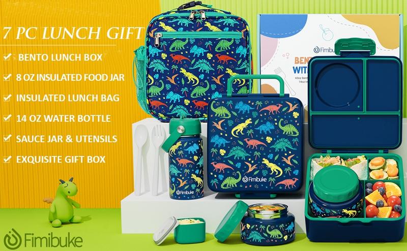 Fimibuke Bento Lunch Box with internal Thermos Food Jar, Leakproof 60oz 3-4 Compartments Lunch Box ,14OZ Thermos Water Bottle,8OZ Thermos Food Jar,lunch bag,Sauce Jar & Utensils, BPA-Free, Dishwasher Safe,Funny patterns,Back to school gift,Dealsforyoudays