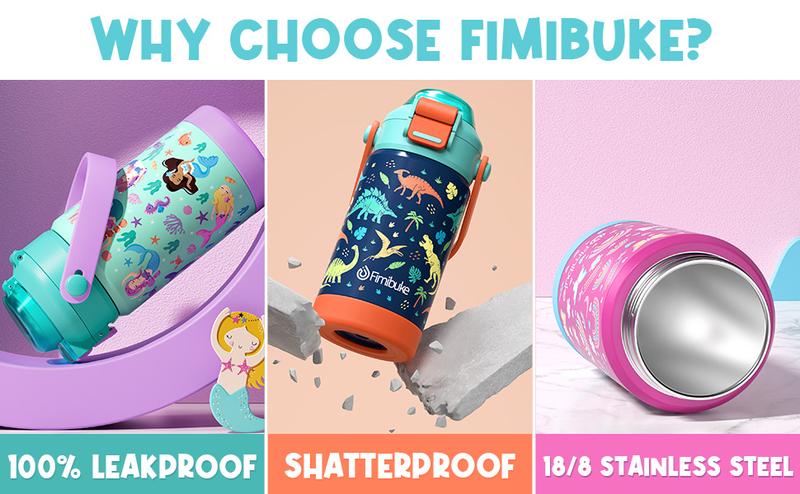 Fimibuke BPA-Free Insulated Water Bottle, 14/18oz Leak Proof 18/8 Stainless Steel Vacuum Tumbler with Pop-Open Straw & Spout 2-in-1 Lid, Travel and School Cup