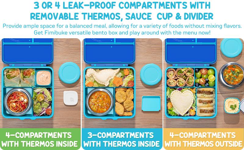 Fimibuke 60oz Leakproof Bento Lunch Box with 8oz Thermos, 3-4 Compartments, Sauce Jar & Utensils, BPA-Free, Dishwasher Safe dealsforyoudays